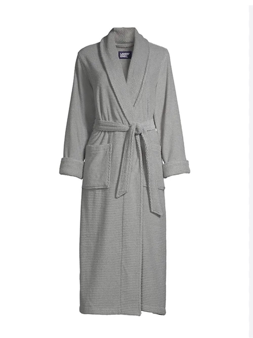 Lands' End Waffle-Knit Thick Terry Cloth Shawl Robe, Grey, Size L Petite (14-16)